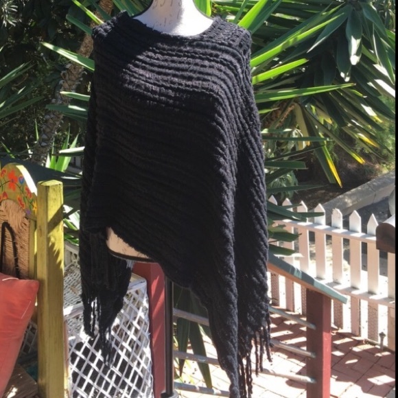New! Black Fuzzy Sweater Poncho - Picture 2 of 4